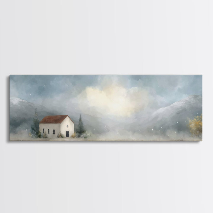 Valley Church Calm, Framed Canvas Print, Panoramic Painting, Christian Art Canvas, Christian Decor, Christian Christmas Art, Christian Wall