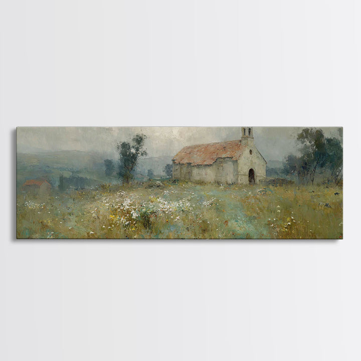 Fieldside Chapel Grace | Framed Canvas Print | Panoramic Wall Art | Christian Art Canvas | Christian Decor | Christian Art | Christmas Art