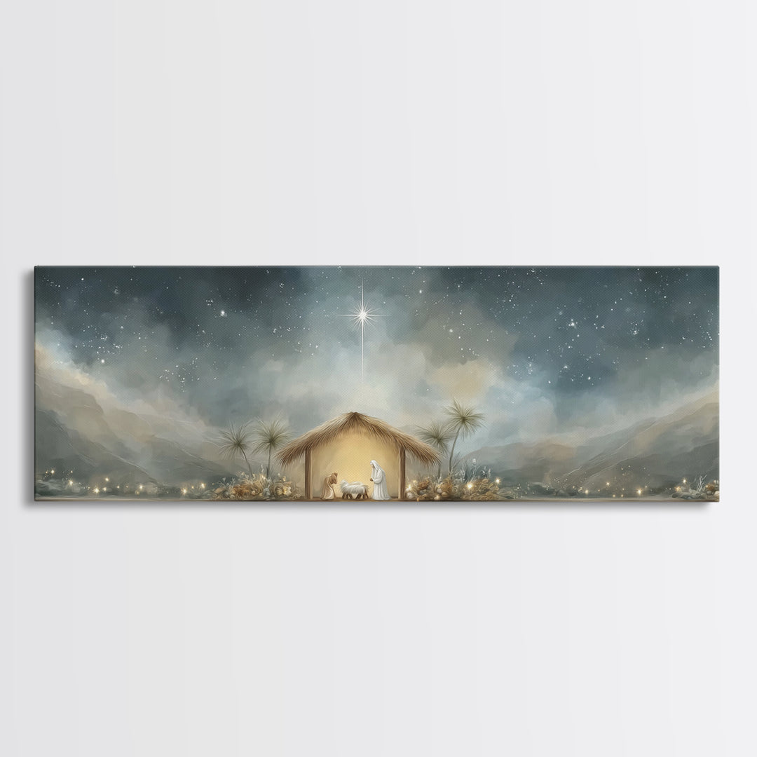 Holy Night Shelter, Framed Canvas Print, Panoramic Wall Art, Christian Art, Christmas Art Prints, Christian Christmas Decor, Jesus Painting