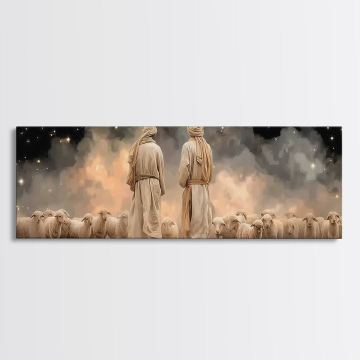 Starry Shepherd Watch – Framed Canvas Print – Panoramic Art – Christian Wall Art – Christian Art Canvas – Christmas Art – Jesus Painting