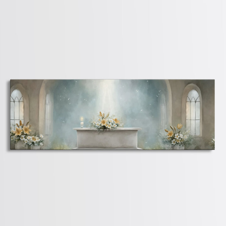 Radiant Sanctuary – Framed Canvas Print – Panoramic Frame – Christian Art Canvas – Christian Wall Art – Christmas Art – Christian Christmas