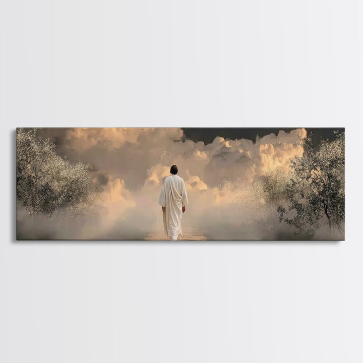Heavenly Dawn Walk, Framed Canvas Print, Christian Wall Art, Christian Art Canvas, Panoramic Wall Art, Jesus Painting, Christmas Art