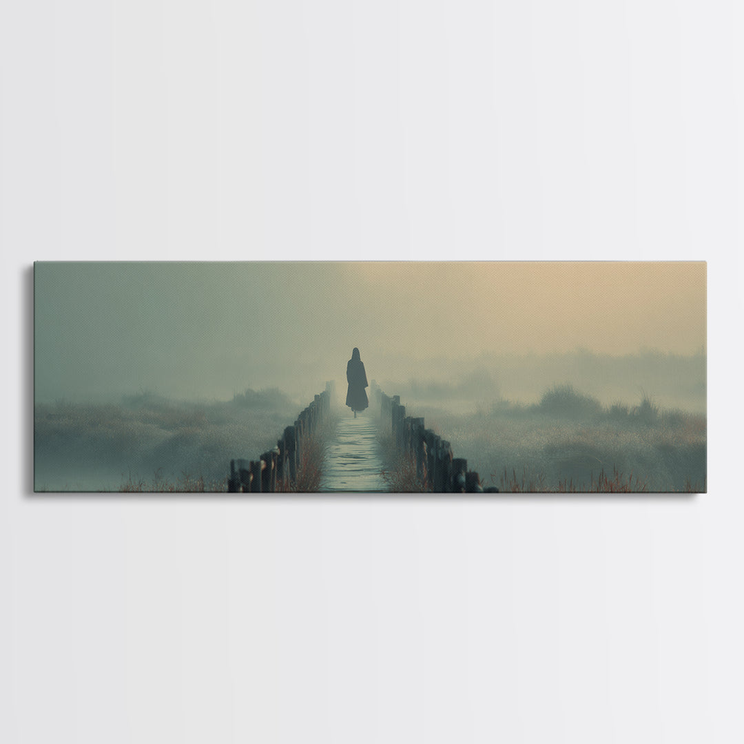 Misty Bridge Journey | Framed Canvas Print | Christian Wall Art | Jesus Painting | Panoramic Art | Christian Art Canvas | Christmas Art