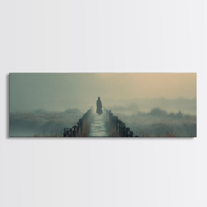 Misty Bridge Journey | Framed Canvas Print | Christian Wall Art | Jesus Painting | Panoramic Art | Christian Art Canvas | Christmas Art