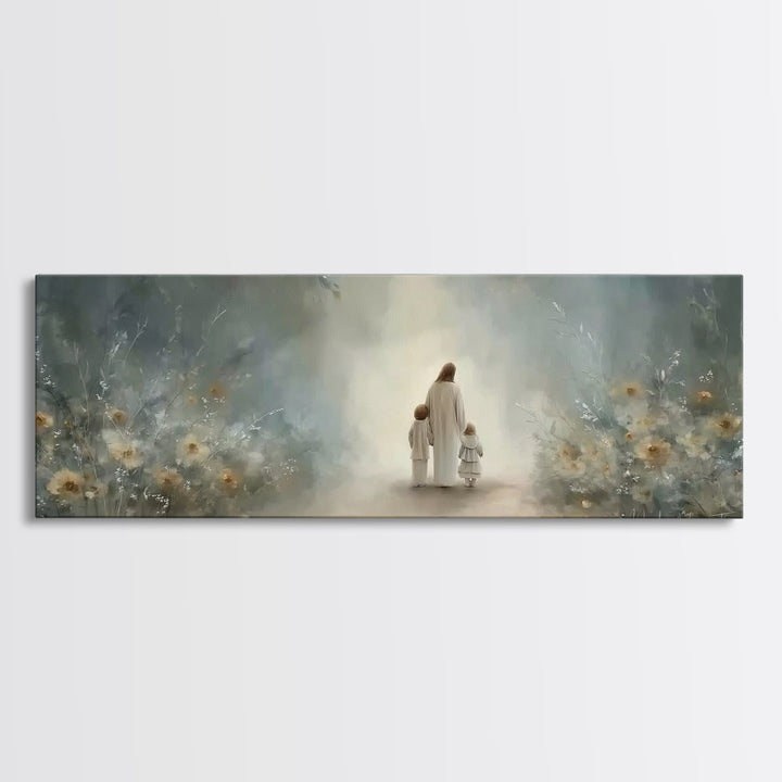 Golden Meadow Grace, Framed Canvas Print, Panoramic Wall Art, Christian Art Canvas, Jesus Painting, Christian Christmas Art, Christian Art