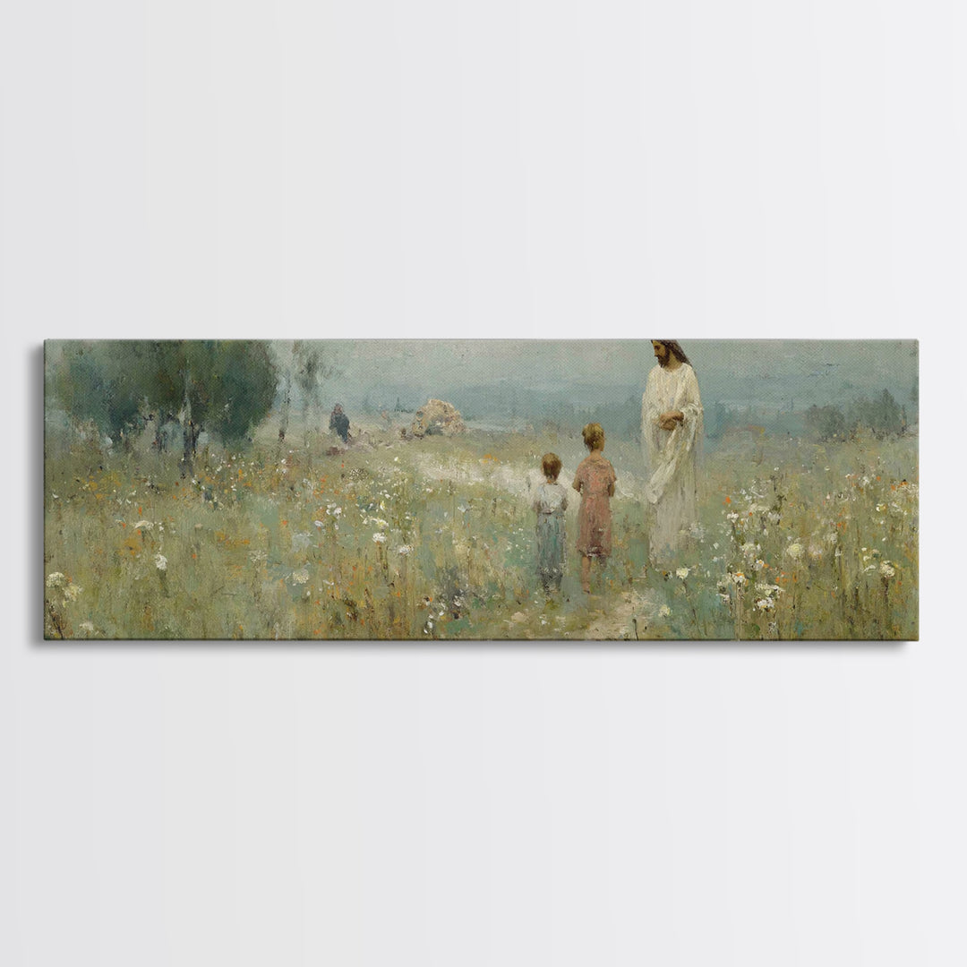 Promise In The Meadow – Framed Canvas Print – Panoramic Art – Christian Wall Art – Christian Art Canvas – Jesus Painting – Christian Art