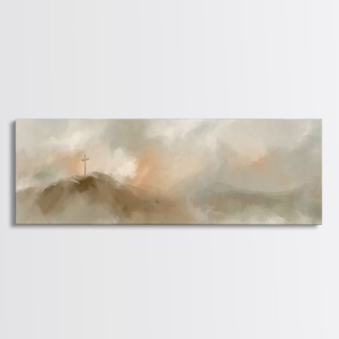Cross On The Hill – Framed Canvas Print – Christian Art Print – Panoramic Painting – Christian Wall Art – Vintage Christian Art – Christian