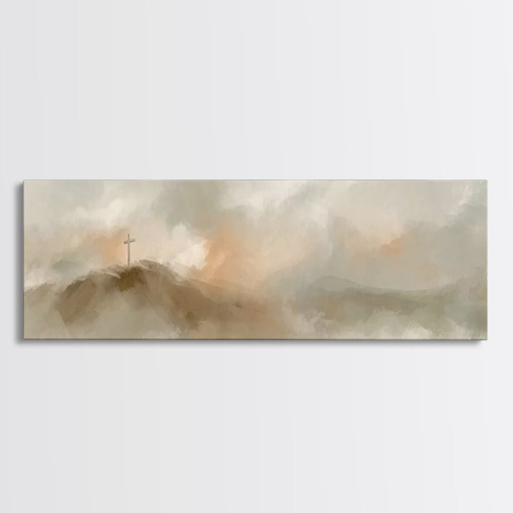 Cross On The Hill – Framed Canvas Print – Christian Art Print – Panoramic Painting – Christian Wall Art – Vintage Christian Art – Christian