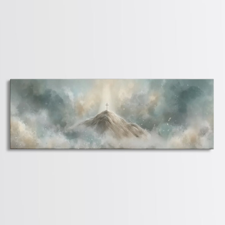 Peaceful Crossrise, Framed Canvas Print, Christian Art Print, Panoramic Painting, Christian Wall Art, Subtle Christian Art, Christian Gift