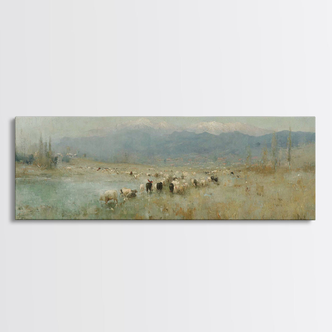 Shepherds At Dawn, Framed Canvas Print, Christian Wall Art, Panoramic Frame, Christian Art Canvas, Subtle Christian Art, Christian Home Dec