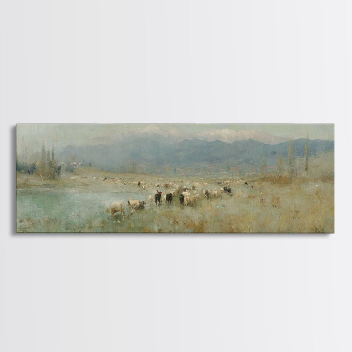Shepherds At Dawn, Framed Canvas Print, Christian Wall Art, Panoramic Frame, Christian Art Canvas, Subtle Christian Art, Christian Home Dec