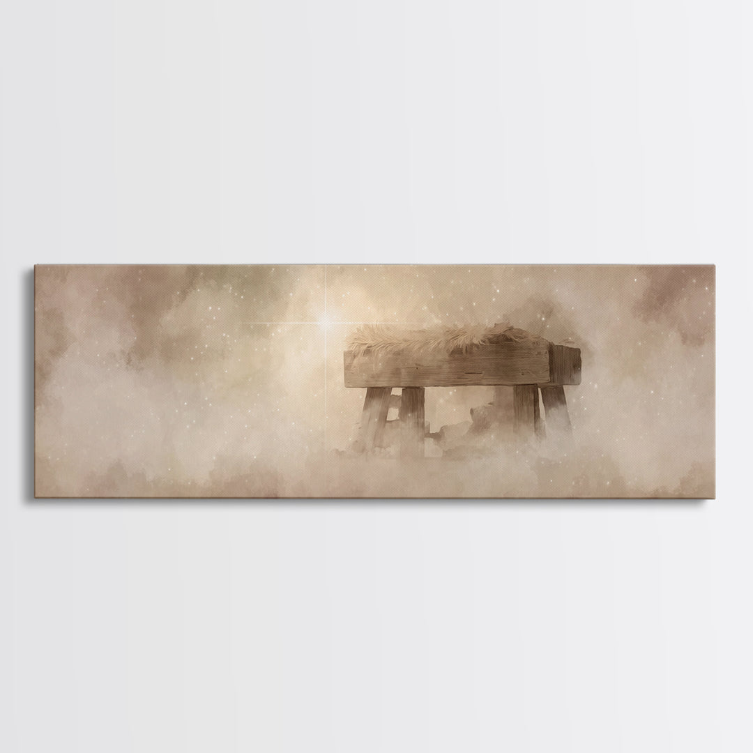 Manger Light Glory, Framed Canvas Print, Christian Art Canvas, Christian Wall Art, Panoramic Painting, Christmas Art Prints, Christian Deco