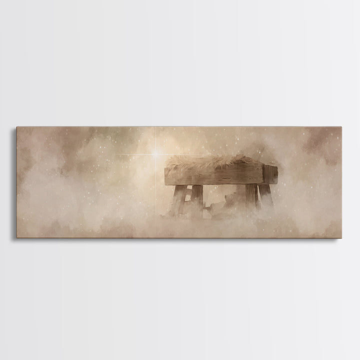 Manger Light Glory, Framed Canvas Print, Christian Art Canvas, Christian Wall Art, Panoramic Painting, Christmas Art Prints, Christian Deco