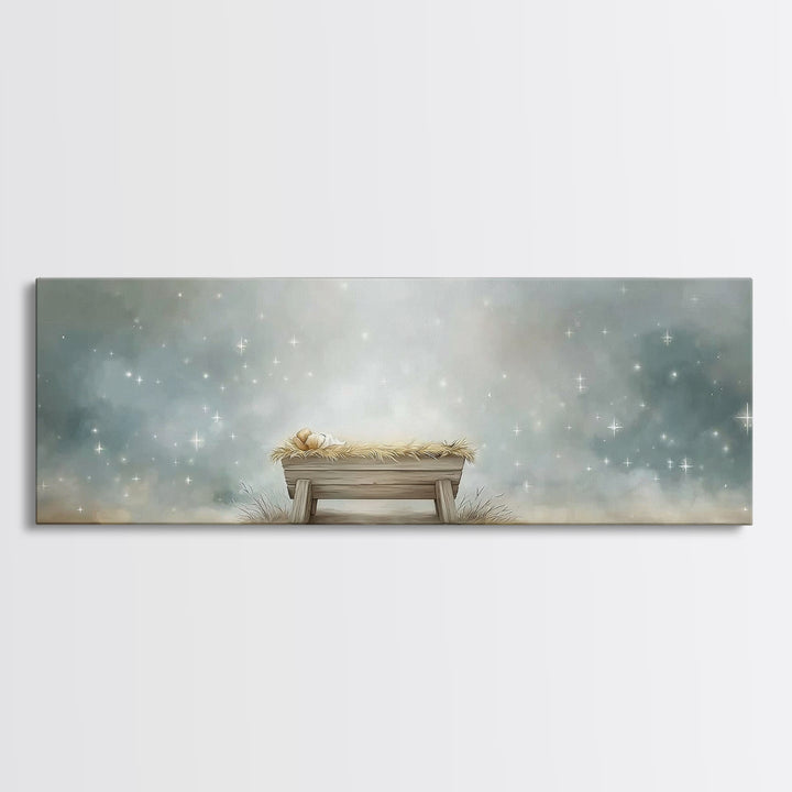Starry Night Manger, Framed Canvas Print, Christian Christmas Art, Panoramic Art, Christian Wall Art, Jesus Painting