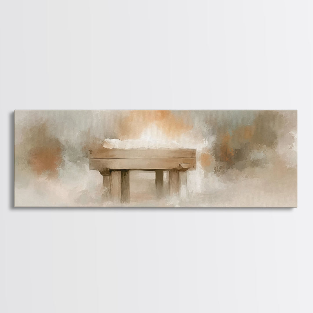 Humble Birth Glow - Framed Canvas Print - Christian Wall Art - Panoramic Painting - Christian Gift - Jesus Painting