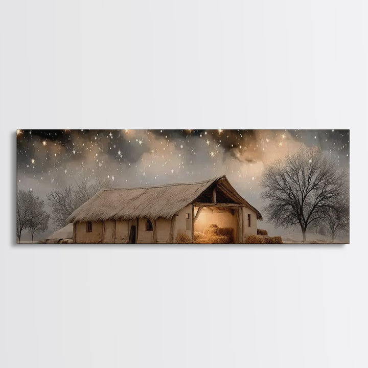 Starry Stable Night – Framed Canvas Print – Christian Christmas Art – Panoramic Painting – Christmas Wall Art – Christian Decor