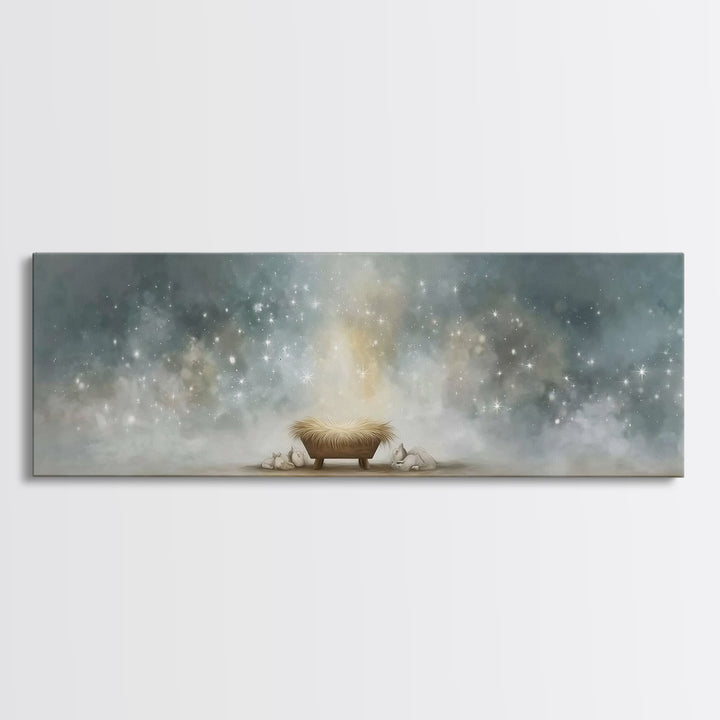 Heavenly Cradle Light, Framed Canvas Print, Panoramic Art, Christian Wall Art, Christmas Art Prints, Christian Art Canvas