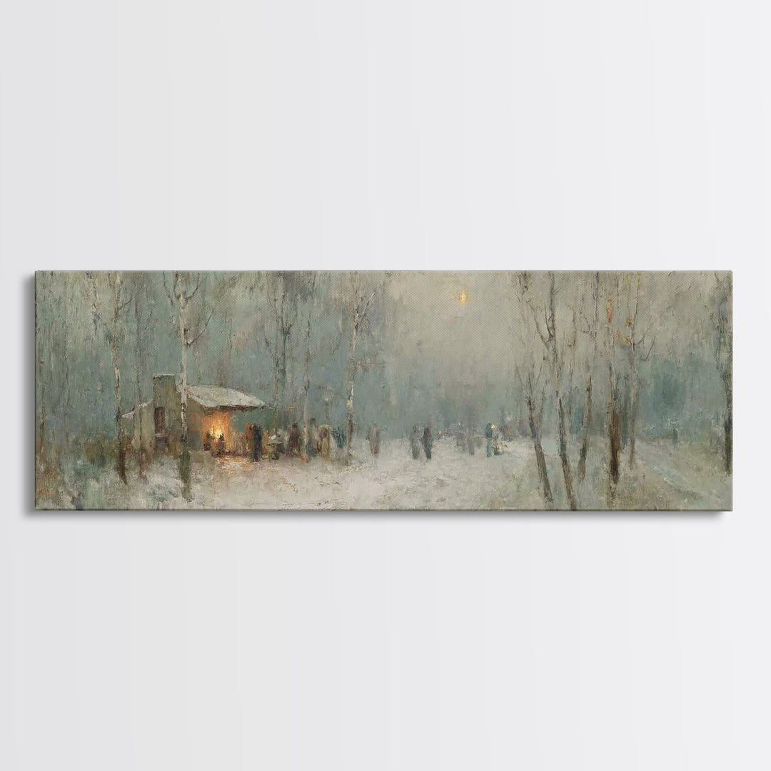 Winter Gathering Glow | Framed Canvas Print | Christian Wall Art | Panoramic Print | Christmas Art | Christian Gift Ideas