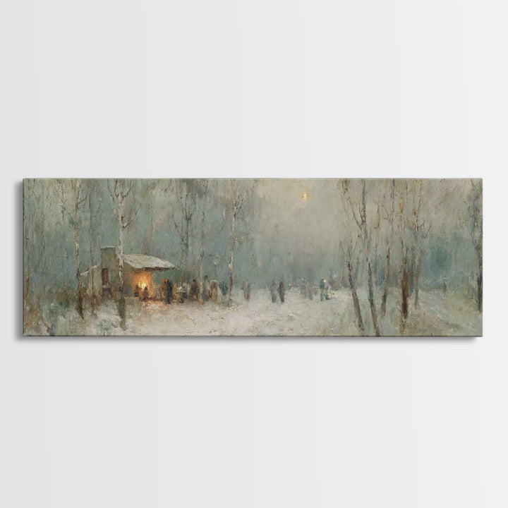 Winter Gathering Glow | Framed Canvas Print | Christian Wall Art | Panoramic Print | Christmas Art | Christian Gift Ideas