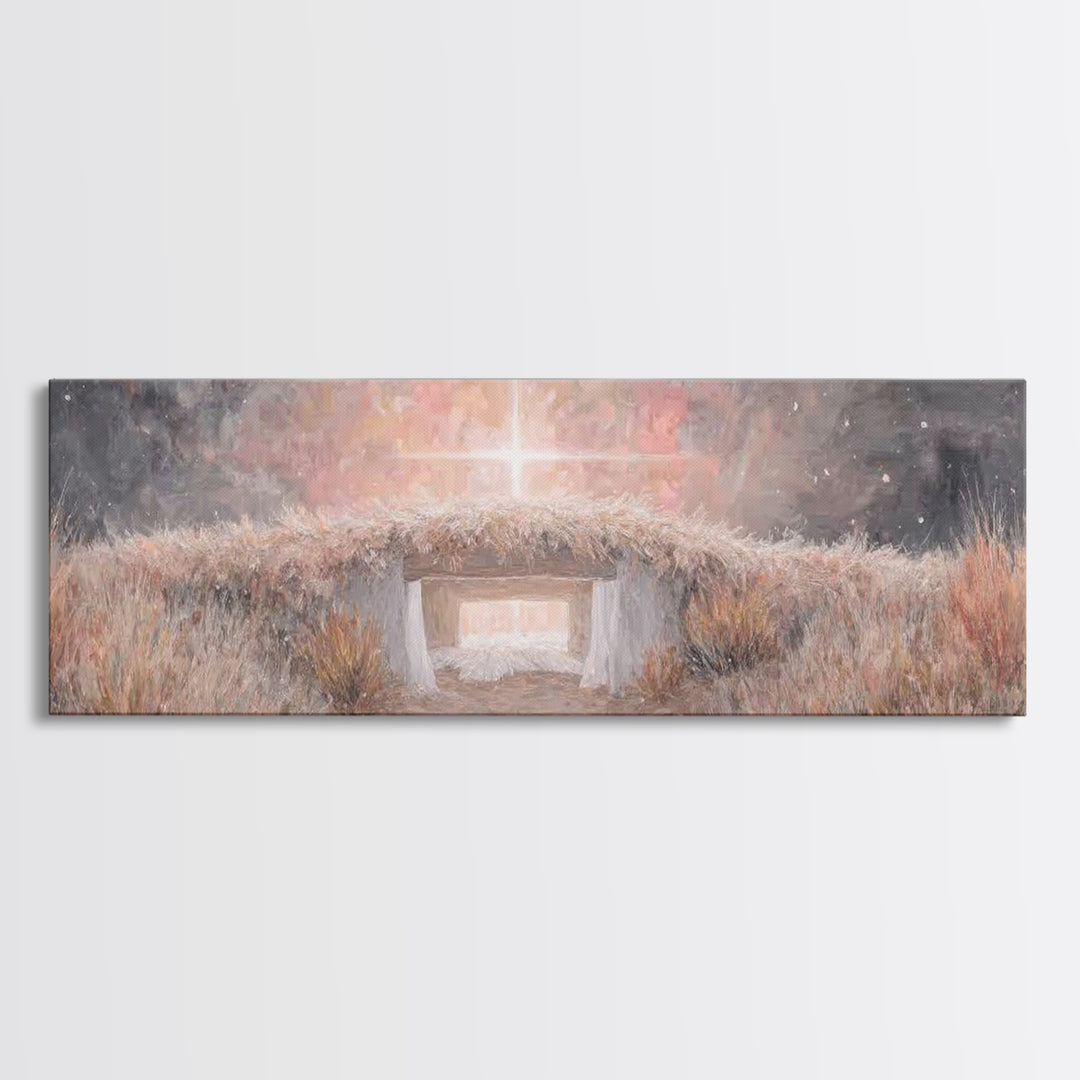Radiant Manger Star - Framed Canvas Print - Christian Christmas Art - Panoramic Painting - Christian Art Canvas - Christmas Wall Art