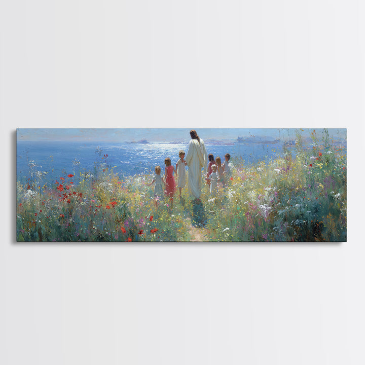 Gentle Dawn Presence | Framed Canvas Print | Christian Wall Art | Panoramic Painting | Christian Art Print | Jesus Painting