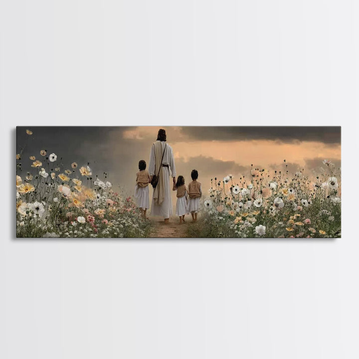 Children Of His Path, Framed Canvas Print, Panoramic Wall Art, Christian Art Canvas, Jesus Painting, Christian Decor For Home