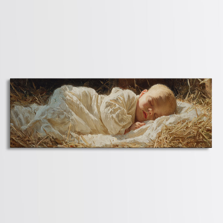 Manger Peace Glow | Framed Canvas Print | Panoramic Painting | Christian Christmas Art | Jesus Art Print | Christmas Wall Art