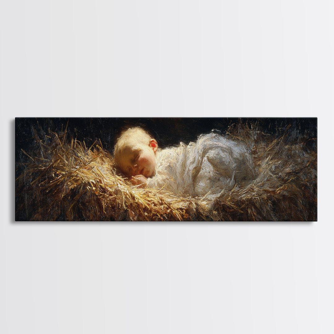 Divine Infant Rest - Framed Canvas Print - Christian Christmas Art - Panoramic Art - Christmas Wall Art - Jesus Painting