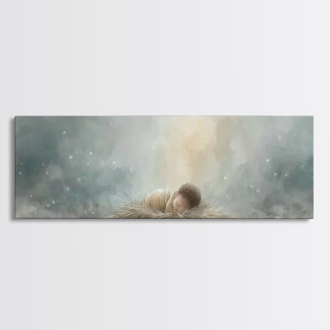 Heaven’s Gentle Gift – Framed Canvas Print – Panoramic Art – Christian Christmas Art – Christian Wall Art – Jesus Art Print