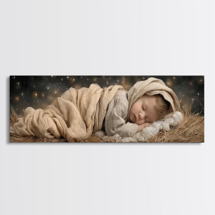 Silent Manger Peace | Framed Canvas Print | Christian Art Canvas | Christmas Wall Art | Jesus Christmas Art | Panoramic Painting | Christia