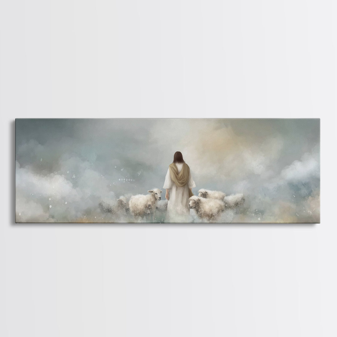 The Gentle Shepherd, Framed Canvas Print, Christian Art Canvas, Jesus Painting, Christian Wall Art, Panoramic Painting, Christian Gift Idea