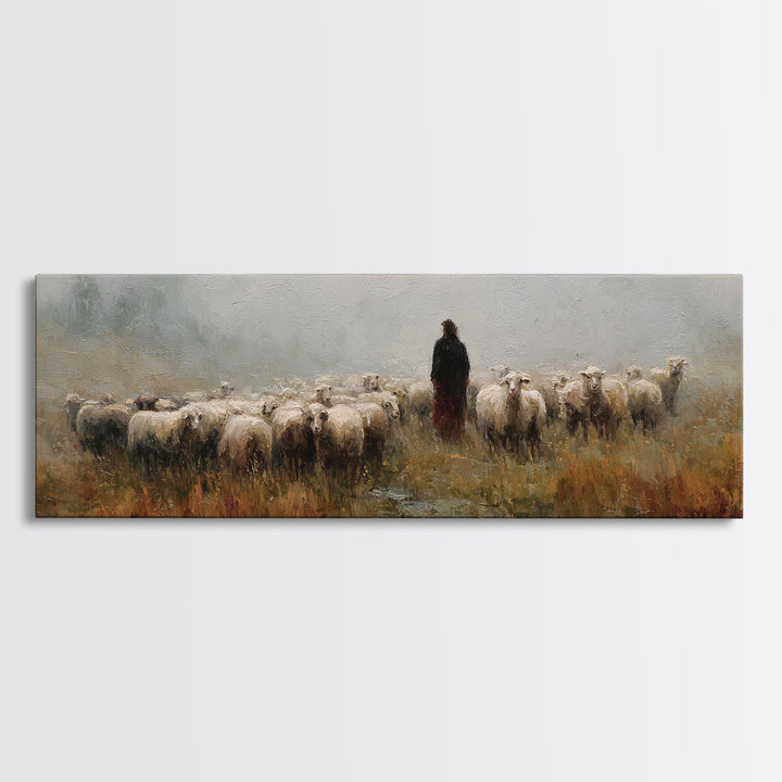 Fields Of His Care – Framed Canvas Print – Christian Art Print – Christian Wall Art – Jesus Painting – Panoramic Wall Art – Christian Chris