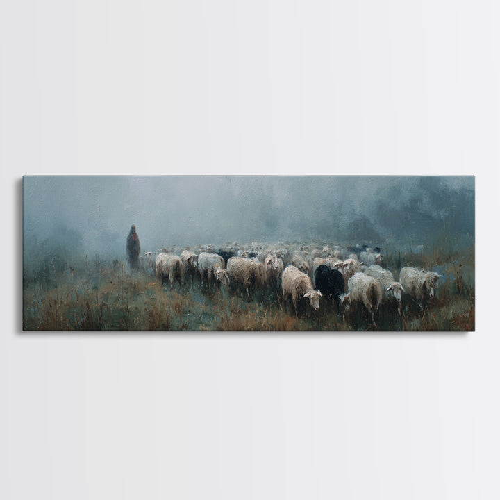 Morning Flock Grace – Framed Canvas Print – Christian Wall Art – Christian Art Canvas – Pastoral Scenery – Panoramic Art – Christian Gift I