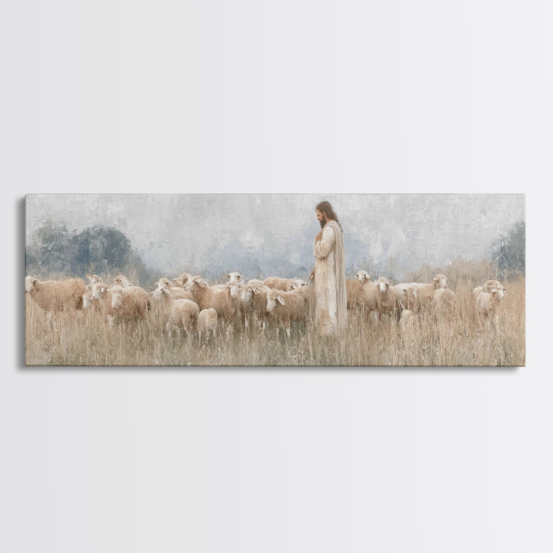 Gentle Shepherd Light | Framed Canvas Print | Panoramic Art | Christian Wall Art | Jesus Painting | Christmas Art