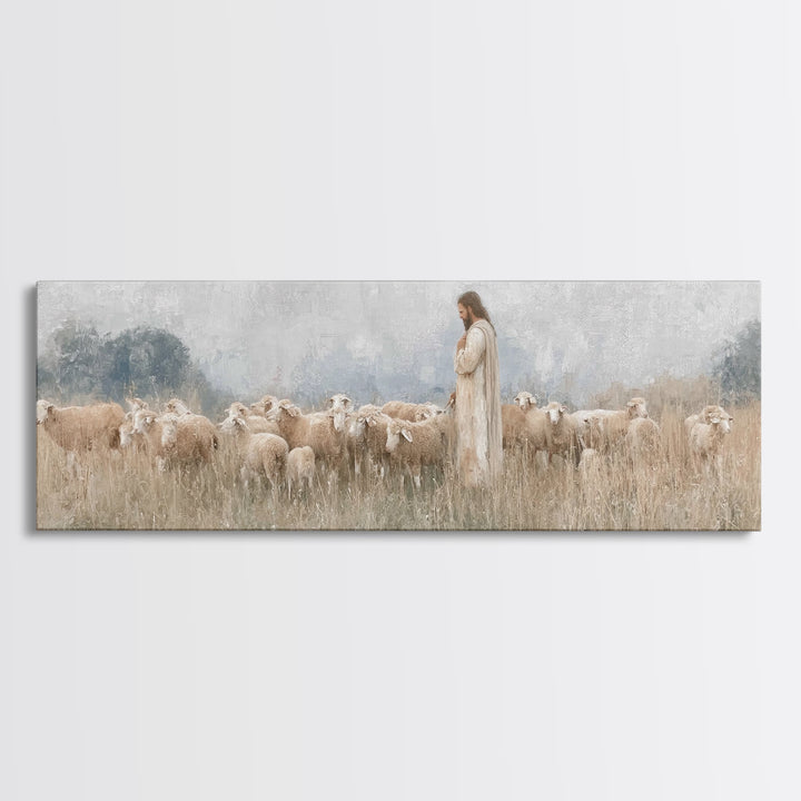 Gentle Shepherd Light | Framed Canvas Print | Panoramic Art | Christian Wall Art | Jesus Painting | Christmas Art
