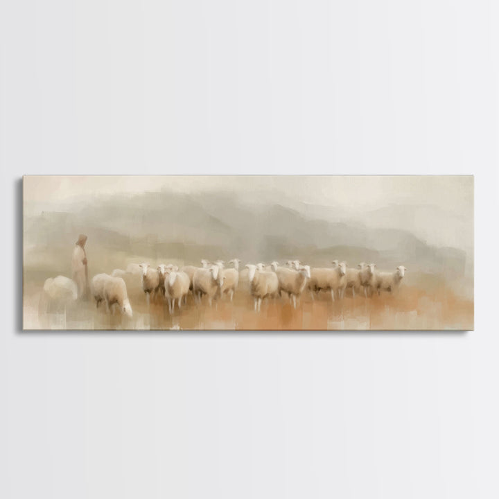 Morning Shepherd Peace, Framed Canvas Print, Panoramic Print, Christian Wall Art, Jesus Painting, Christmas Art