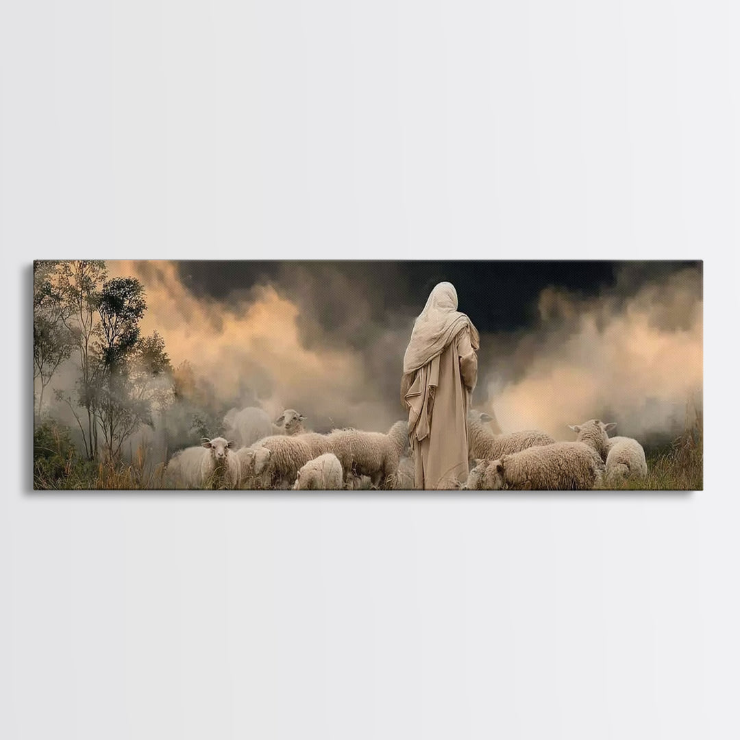 Shepherd’s Calm Dawn – Framed Canvas Print – Panoramic Art – Christian Art – Jesus Painting – Christmas Wall Art