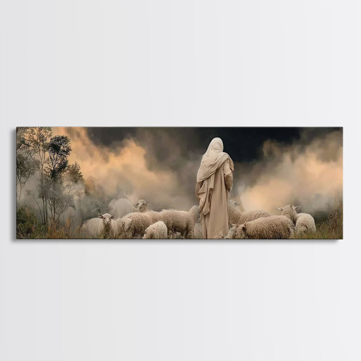 Shepherd’s Calm Dawn – Framed Canvas Print – Panoramic Art – Christian Art – Jesus Painting – Christmas Wall Art