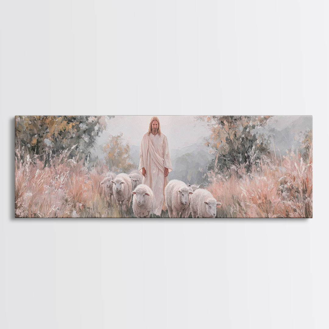 Everlasting Pasture, Framed Canvas Print, Panoramic Wall Art, Christian Art Canvas, Jesus Painting, Christmas Art