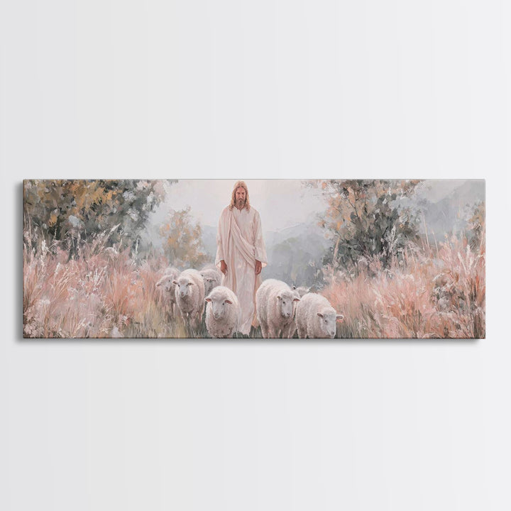 Everlasting Pasture, Framed Canvas Print, Panoramic Wall Art, Christian Art Canvas, Jesus Painting, Christmas Art