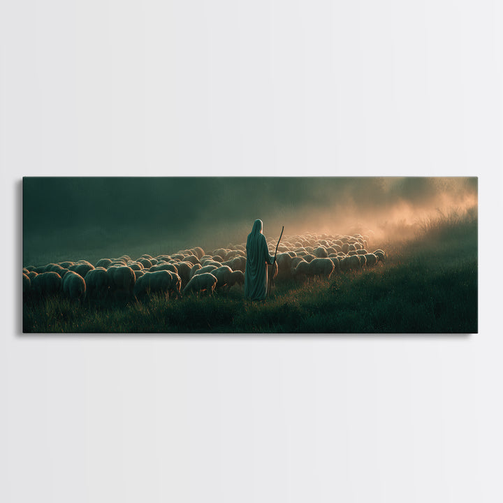 Shepherd’s Gentle Path | Framed Canvas Print | Panoramic Frame | Christian Art | Jesus Painting | Christmas Art
