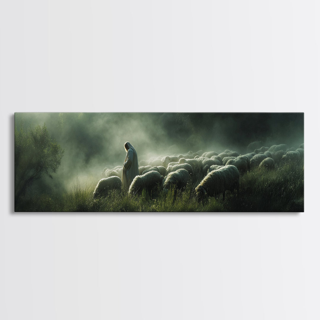 Haven Of The Shepherd, Framed Canvas Print, Panoramic Art, Christian Art Canvas, Jesus Painting, Christmas Decor