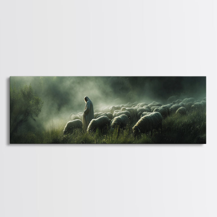 Haven Of The Shepherd, Framed Canvas Print, Panoramic Art, Christian Art Canvas, Jesus Painting, Christmas Decor