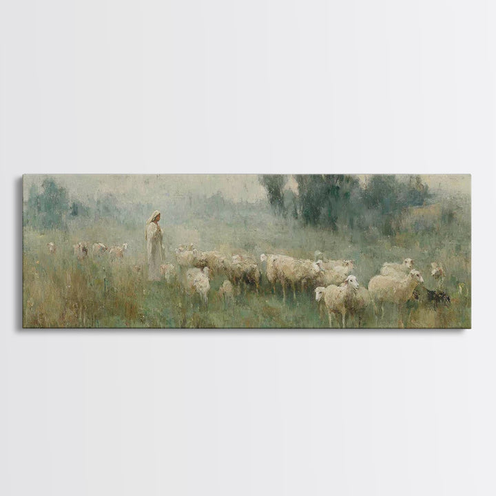 Meadow Of Guidance | Framed Canvas Print | Panoramic Wall Art | Christian Art | Jesus Painting | Christmas Art