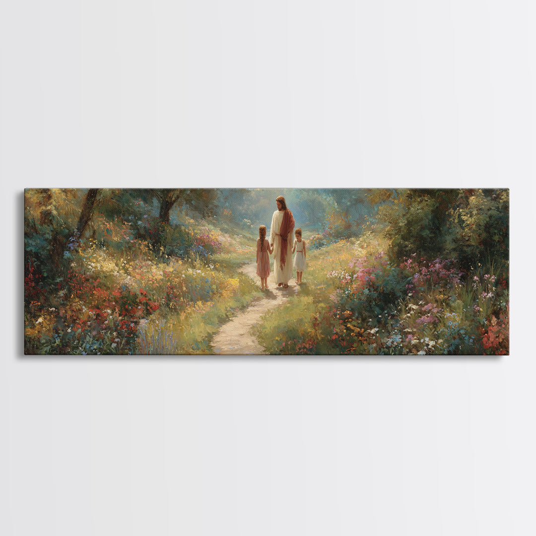 Sunlit Garden Peace – Framed Canvas Print – Panoramic Art – Jesus Painting – Christian Wall Art – Christian Art Print
