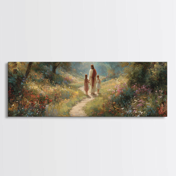 Sunlit Garden Peace – Framed Canvas Print – Panoramic Art – Jesus Painting – Christian Wall Art – Christian Art Print