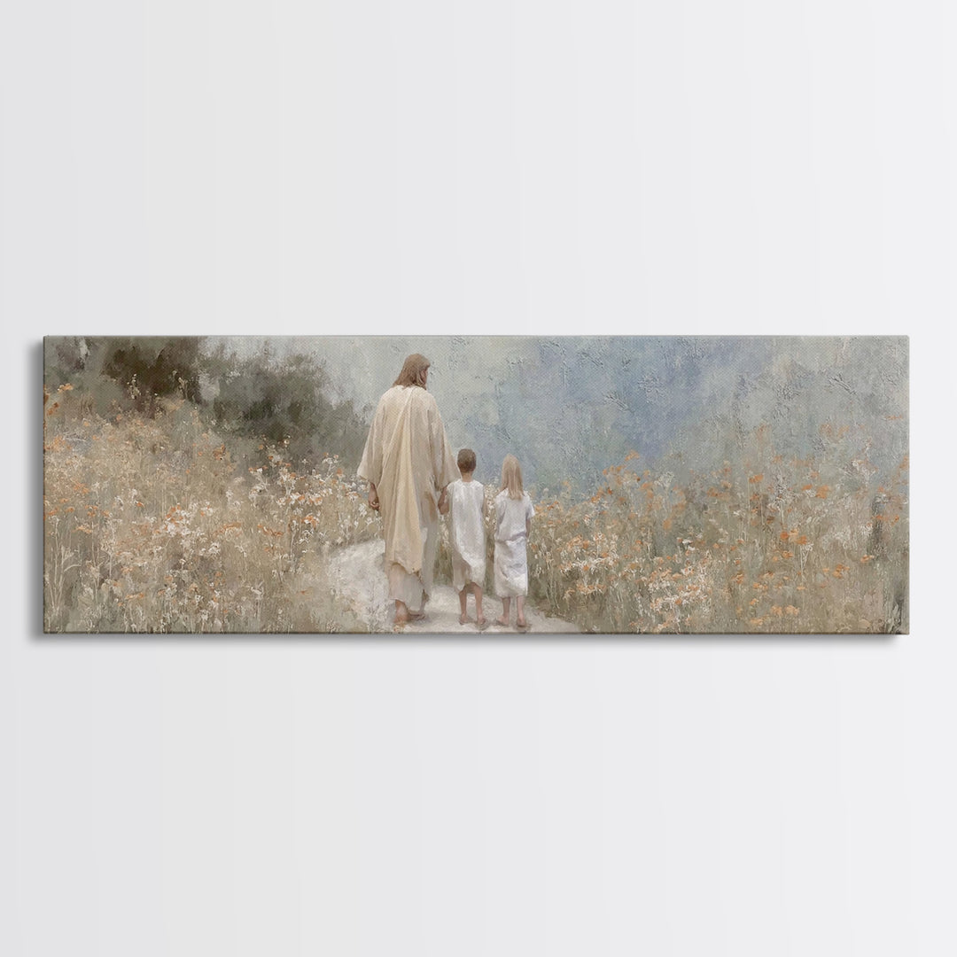 Quiet Meadow Journey, Framed Canvas Print, Panoramic Wall Art, Christian Art Print, Jesus Painting, Christian Art