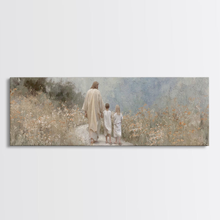 Quiet Meadow Journey, Framed Canvas Print, Panoramic Wall Art, Christian Art Print, Jesus Painting, Christian Art