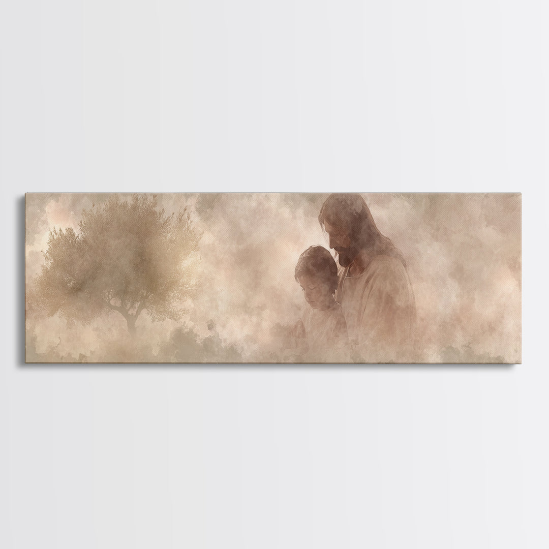 Hearts At Rest, Framed Canvas Print, Christian Art Canvas, Jesus Painting, Panoramic Frame, Large Christian Art, Christian Wall Art