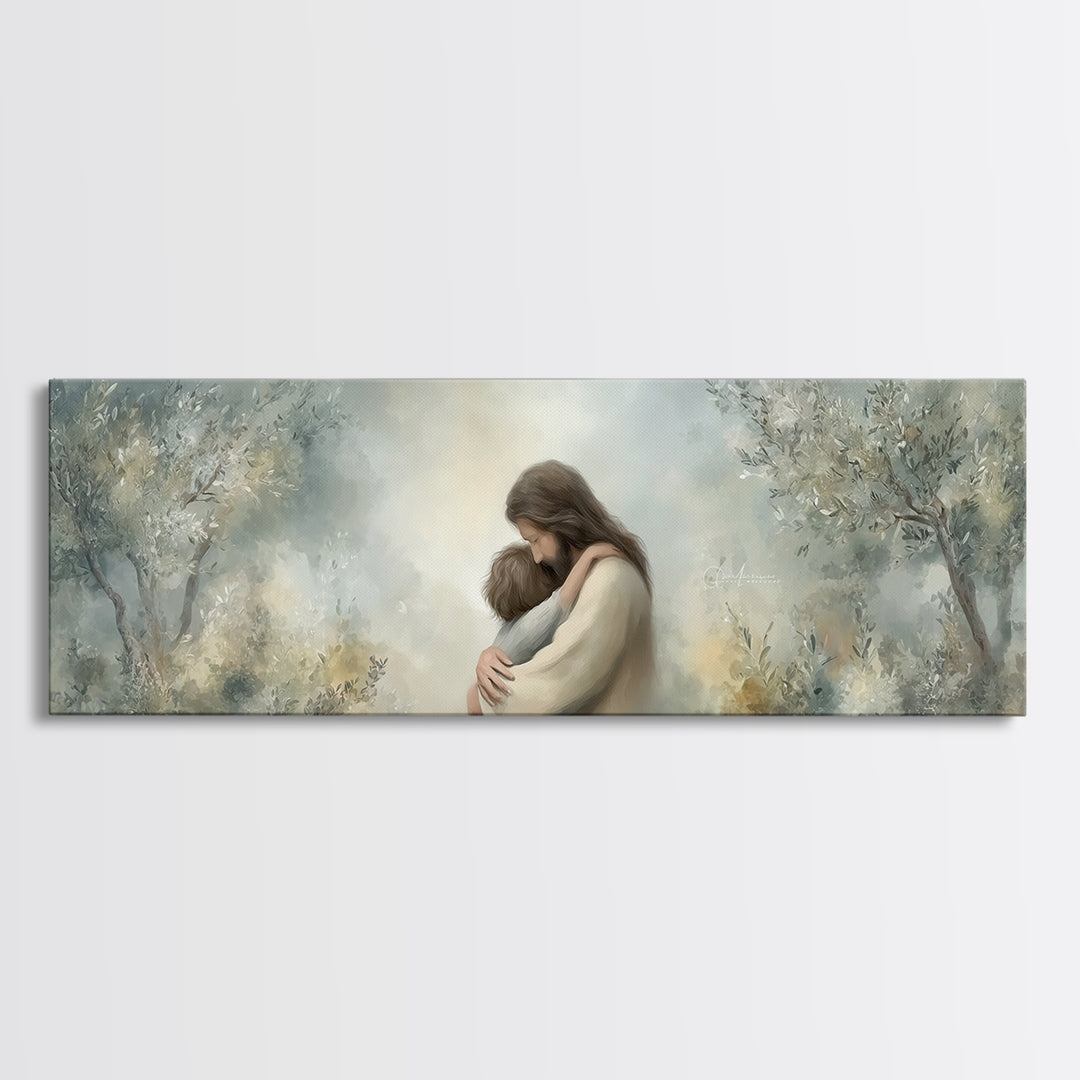 Olive Grove Calm | Framed Canvas Print | Christian Art Canvas | Jesus Painting | Panoramic Art | Christian Wall Art | Christian Gift Ideas
